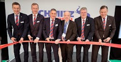 From left, Dr. G&uuml;nter Schweitzer (Chief Operations Officer Schmitz Cargobull), Andreas Busacker (Chief Financial Offer Schmitz Cargobull), Colin Maher (Managing Director Sales &amp; Services, Schmitz Cargobull UK), Mike Kane (Labour MP for Wythenshawe and Sale East), Paul Avery (Managing Director Operations Schmitz Cargobull UK), Boris Billich (Chief Sales Officer Schmitz Cargobull)