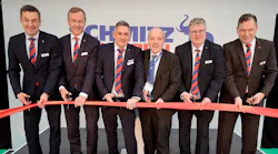 From left, Dr. Günter Schweitzer (Chief Operations Officer Schmitz Cargobull), Andreas Busacker (Chief Financial Offer Schmitz Cargobull), Colin Maher (Managing Director Sales & Services, Schmitz Cargobull UK), Mike Kane (Labour MP for Wythenshawe and Sale East), Paul Avery (Managing Director Operations Schmitz Cargobull UK), Boris Billich (Chief Sales Officer Schmitz Cargobull)