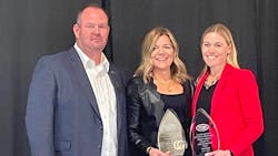 Brenda Jennissen, center, and Bonnie Radjenovich, Felling Trailers co-owners, received the Pam O'Toole Trusdale Woman in Mfg. Award. Brenda Jennissen, center, and Bonnie Radjenovich, Felling Trailers co-owners, received the Pam O'Toole Trusdale Woman in Mfg. Award.