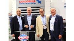 Making the announcement at IFDA are, from left to right, Jeff Bennett, Utility Trailer president and CEO; Andreas Schmitz, Schmitz Cargobull CEO and chairman of the board; Steve Bennett, Utility COO; and Norbert Flacke, Cargobull Cool managing director.