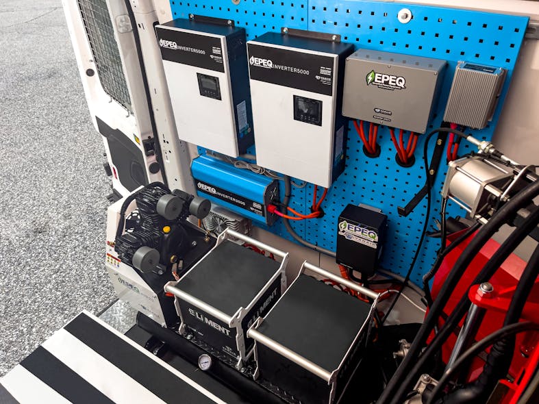 Vanair supplied all the system components, including two 220-volt inverters for EV charging, 110-volt inverters for computers and other equipment and a shore charger used for overnight charging of the system.