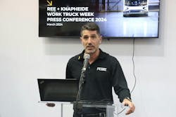 Daniel Beral, REE co-founder and CEO, highlights the P7-C&apos;s unique features and upfit-friendly design during a news conference March 6 at the Indiana Convention Center.