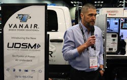 Dean Stratham, Vanair vice president of sales, discusses the company&apos;s recent acquisition of Grip Idle Management during a media gathering March 7 at NTEA&apos;s Work Truck Week in Indianapolis.