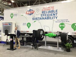 Utility Trailer VP Andrew Bennett showcasing the new Cargobull hybrid units at TMC. Utility Trailer VP Andrew Bennett showcasing the new Cargobull hybrid units at TMC.