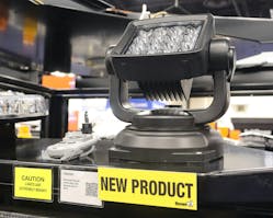 The new ultra-bright rotating spotlight with wireless remote boasts 360-degree, continuous rotation, a 110-degree vertical tilt, and cast metal frame.