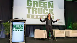 Mary Aufdemberg, GM of product strategy and market development for Daimler Truck North America, gives the keynote address during the the 2024 Green Truck Summit during NTEA's Work Truck Week in Indianapolis.