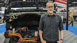 Robert Bollinger, CEO and founder of Bollinger Motors, stands with his B4 chassis cab model, a battery-electric Class 4 work truck at NTEA’s Work Truck Week in Indianapolis. Robert Bollinger, CEO and founder of Bollinger Motors, stands with his B4 chassis cab model, a battery-electric Class 4 work truck at NTEA’s Work Truck Week in Indianapolis.