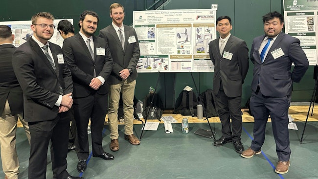 The University of North Carolina at Charlotte Senior Design Expo showcases the innovative and creative design solutions developed by senior engineering students throughout the year, including this team that is working with Fontaine Modification to develop a device that will more efficiently remove seats from trucks being modified into car carriers. Shown from left to right are UNCC Seniors Benjamin Rizza, Dorian Pallas, Grayson Ledford, Hank Doan and Alex Phan.