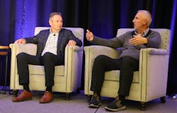 Knight-Swift's Dave Williams, left, and CR England's Ron Hall discuss evolving reefer technologies. Knight-Swift's Dave Williams, left, and CR England's Ron Hall discuss evolving reefer technologies.