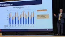 Kenny Vieth, senior analyst and president of ACT Research, goes over the North American Class 8 tractor forecast during his company's seminar on trucking industry markets held in Columbus, Indiana, on August 22, 2024. Kenny Vieth, senior analyst and president of ACT Research, goes over the North American Class 8 tractor forecast during his company's seminar on trucking industry markets held in Columbus, Indiana, on August 22, 2024.