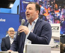 Travis Eby, MH Eby president and CEO, thanks customers and distributors for enabling their success before the reveal of Eby's new Ford Chassis Pool agreement. Travis Eby, MH Eby president and CEO, thanks customers and distributors for enabling their success before the reveal of Eby's new Ford Chassis Pool agreement.
