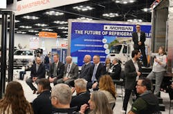 The JBPCO 40th-anniversary gathering included appearances by seated executives, from left to right, Jeff Conrad, EVP of JBPCO's specialty manufacturing group; Jason Connell, Reading Truck president and COO; Mark Hope, past EAVX president; Kevin Schlapia, Masterack general manager; and Joseph Thompson, Morgan Olson EVP and COO. The JBPCO 40th-anniversary gathering included appearances by seated executives, from left to right, Jeff Conrad, EVP of JBPCO's specialty manufacturing group; Jason Connell, Reading Truck president and COO; Mark Hope, past EAVX president; Kevin Schlapia, Masterack general manager; and Joseph Thompson, Morgan Olson EVP and COO.