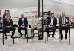 JBPCO's 40th-anniversary news conference included appearances by, from left to right, Todd Breneiser, JBPCO VP of commercial excellence; Corby Stover, Morgan Truck Body president; Mike Ownbey, Morgan Olson president and CEO; Norb Markert, JBPCO president and COO; and John B. Poindexter. JBPCO chairman and CEO. JBPCO's 40th-anniversary news conference included appearances by, from left to right, Todd Breneiser, JBPCO VP of commercial excellence; Corby Stover, Morgan Truck Body president; Mike Ownbey, Morgan Olson president and CEO; Norb Markert, JBPCO president and COO; and John B. Poindexter. JBPCO chairman and CEO.