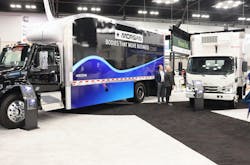 Morgan spotlighted its Aerostar concept body and a refrigerated body at NTEA's Work Truck Week. The Aerostar features an integrated aerodynamic shape with lightweight body components, aerodynamic side guards, a mid-panel translucent roof, encapsulated hardwood flooring, a roll-up canister maximizer door, and a situational awarness package. Morgan spotlighted its Aerostar concept body and a refrigerated body at NTEA's Work Truck Week. The Aerostar features an integrated aerodynamic shape with lightweight body components, aerodynamic side guards, a mid-panel translucent roof, encapsulated hardwood flooring, a roll-up canister maximizer door, and a situational awarness package.