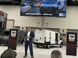 Matt Huber, SVP of Ram Brand product, addresses the audience during a news conference at NTEA's Work Truck Week. Matt Huber, SVP of Ram Brand product, addresses the audience during a news conference at NTEA's Work Truck Week.