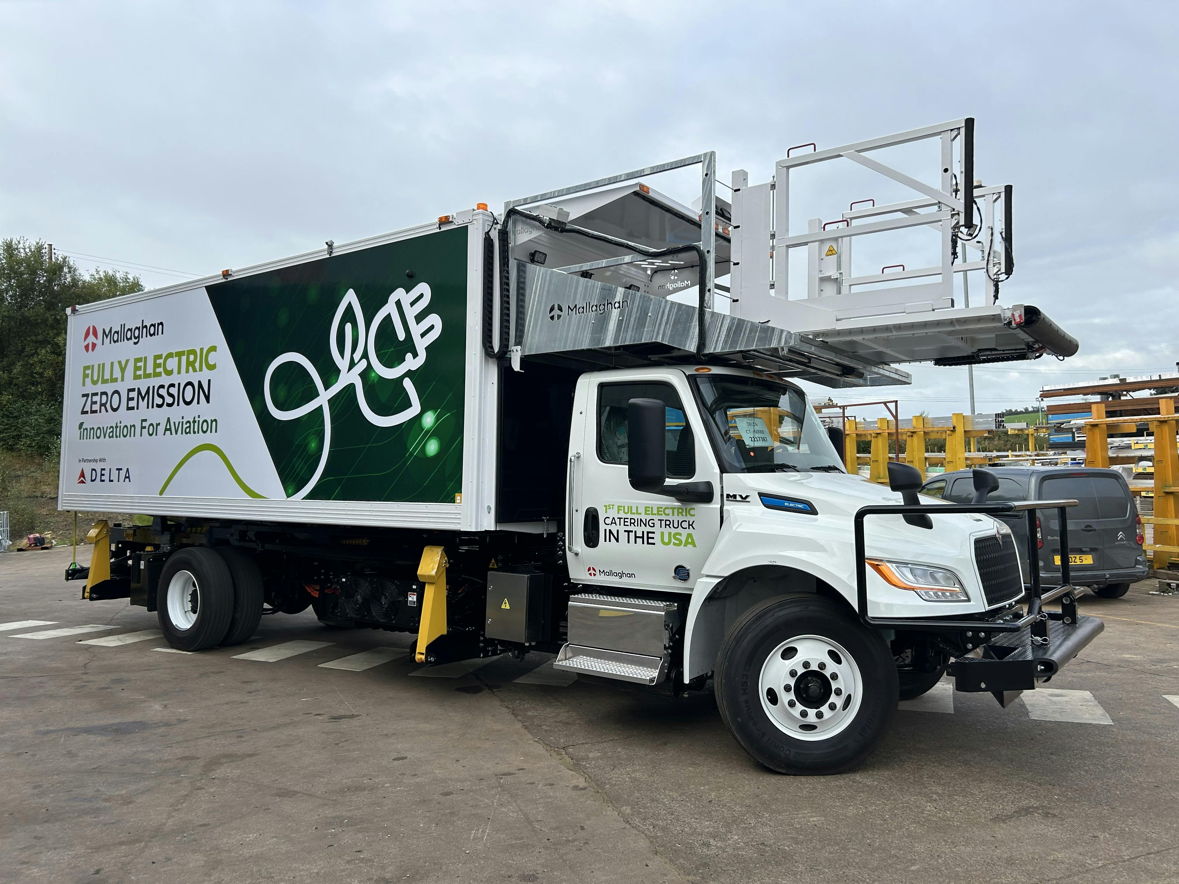 This International eMV truck was upfitted by Mallaghan to serve Delta Air Lines' Boston Logan International Airport operations. It is the first fully electric airport catering truck in North America, according to International.