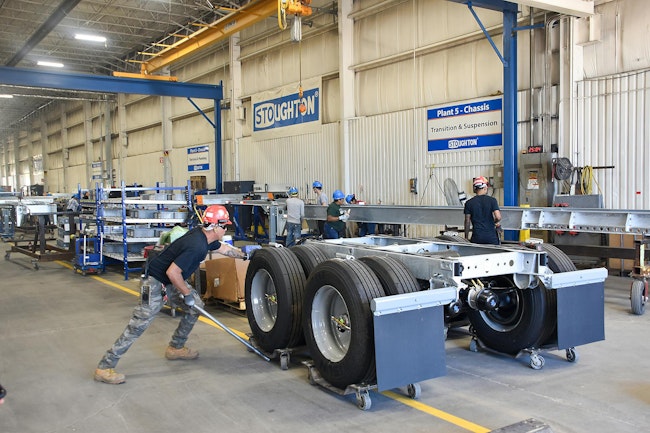 Stoughton Trailers restarted its chassis assembly line, shown here in September 2023, after the U.S. International Trade Commission determined that China engaged in unfair trade practices that harmed domestic chassis production.