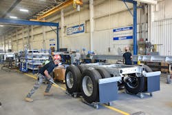 Stoughton Trailers restarted its chassis assembly line, shown here in September 2023, after the U.S. International Trade Commission determined that China engaged in unfair trade practices that harmed domestic chassis production. Stoughton Trailers restarted its chassis assembly line, shown here in September 2023, after the U.S. International Trade Commission determined that China engaged in unfair trade practices that harmed domestic chassis production.