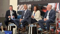 The economy, tariffs, and regulations brought on by the Trump Administration dominated the topics covered at the conference. Attendees heard commentary from Jeff Zawacki, VP of the Advanced Technology Group at Hendrickson (center left); Nicole Oreskovic, VP of sales and marketing at Bendix (center right); Matt Wolfe, president of the Americas at SAF Holland (right); Kenny Vieth, president of ACT Research (not pictured); and Jeffrey Crane, partner at Bain and Company (not pictured). The economy, tariffs, and regulations brought on by the Trump Administration dominated the topics covered at the conference. Attendees heard commentary from Jeff Zawacki, VP of the Advanced Technology Group at Hendrickson (center left); Nicole Oreskovic, VP of sales and marketing at Bendix (center right); Matt Wolfe, president of the Americas at SAF Holland (right); Kenny Vieth, president of ACT Research (not pictured); and Jeffrey Crane, partner at Bain and Company (not pictured).