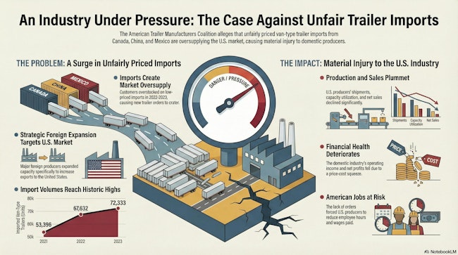 This infographic was generated by NotebookLM, an AI tool by Google, drawing from a petition filed by the American Trailer Manufacturers Coalition alleging unfair trade practices by U.S. importers of trailers and subsystems. TBB editors have reviewed the information, and deem the infographic an accurate representation on the filing.